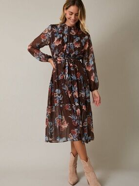 Gilli Brown Floral Long-Sleeve Midi Dress with Blue & Pink Blooms